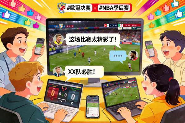 球迷社区互动场景图片，多人在线讨论体育赛事